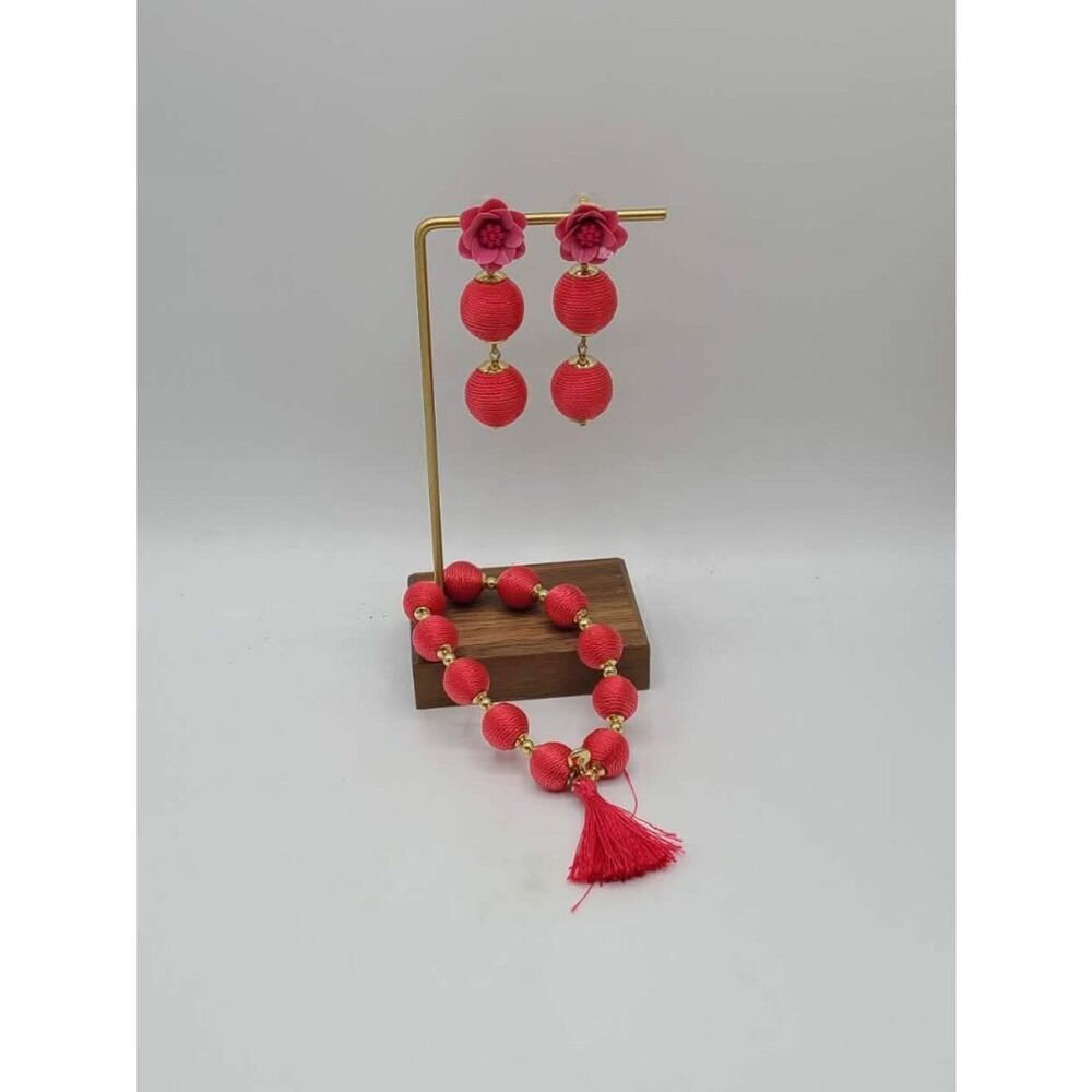 J Crew Red Stretch Bracelet with Tassel Earring Set NWOT